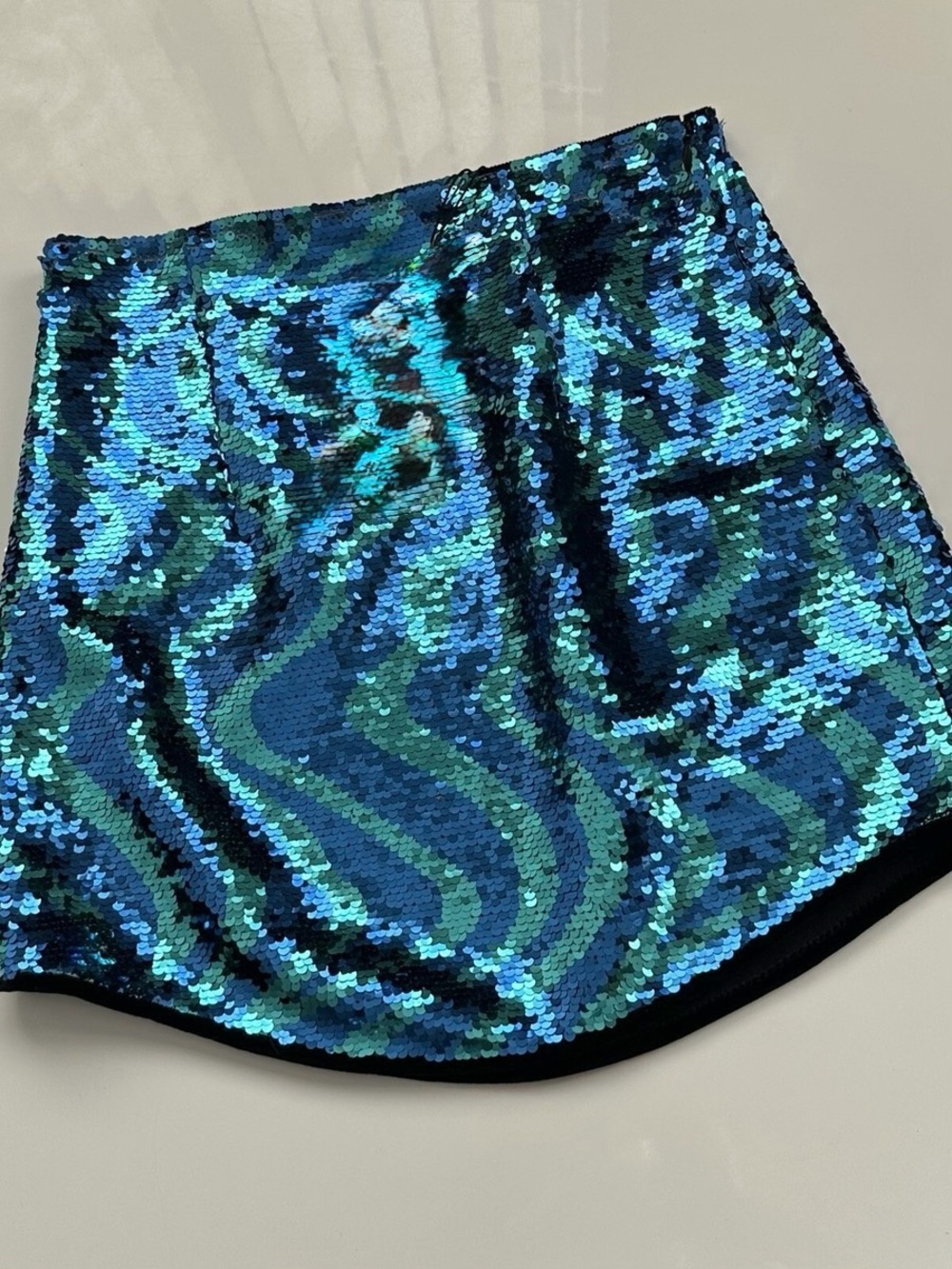 Zara Teal Blue Wave Pattern Sequin Mini Skirt